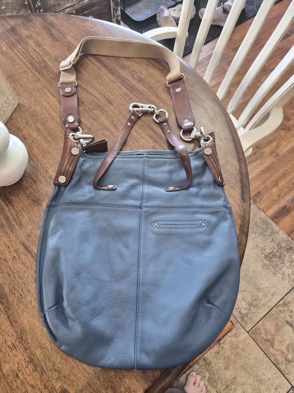 b. makowsky Blue Leather Crossbody Tote with Brown Trim